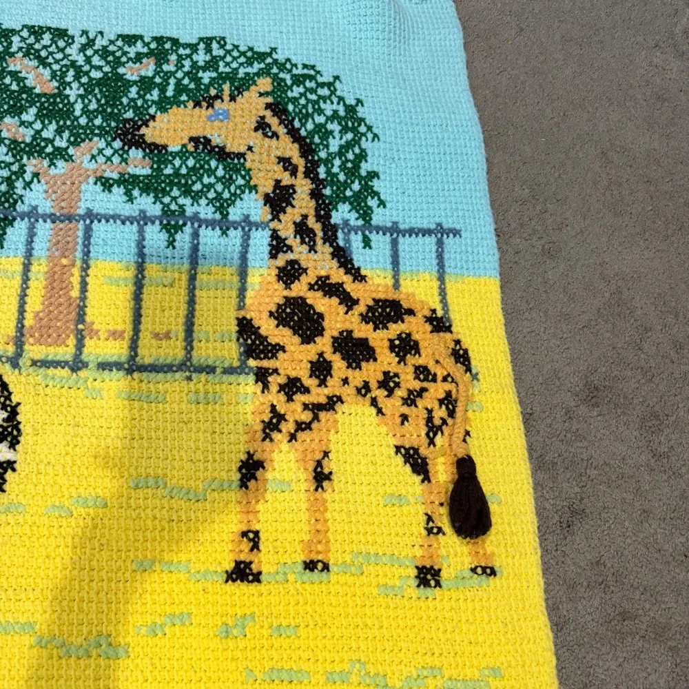 Vintage Handmade Crochet Zoo Animal Baby Blanket 3D Tiger Giraffe Zebra Yellow